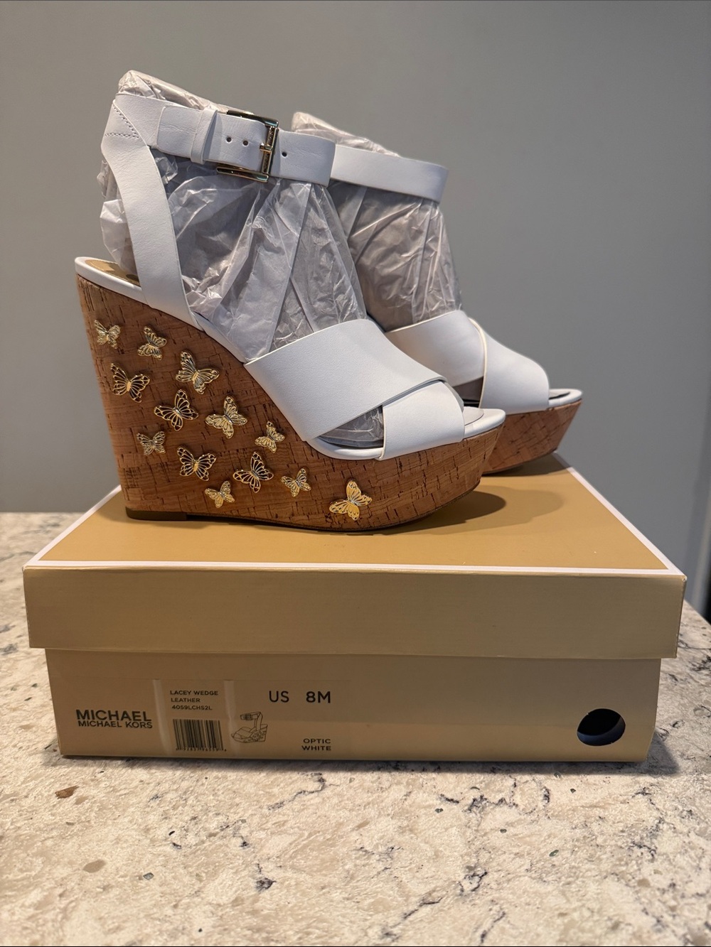 MWT MICHAEL Michael Kors White Lacey Cork Wedge Sandals w/Gold Butterfly Accents